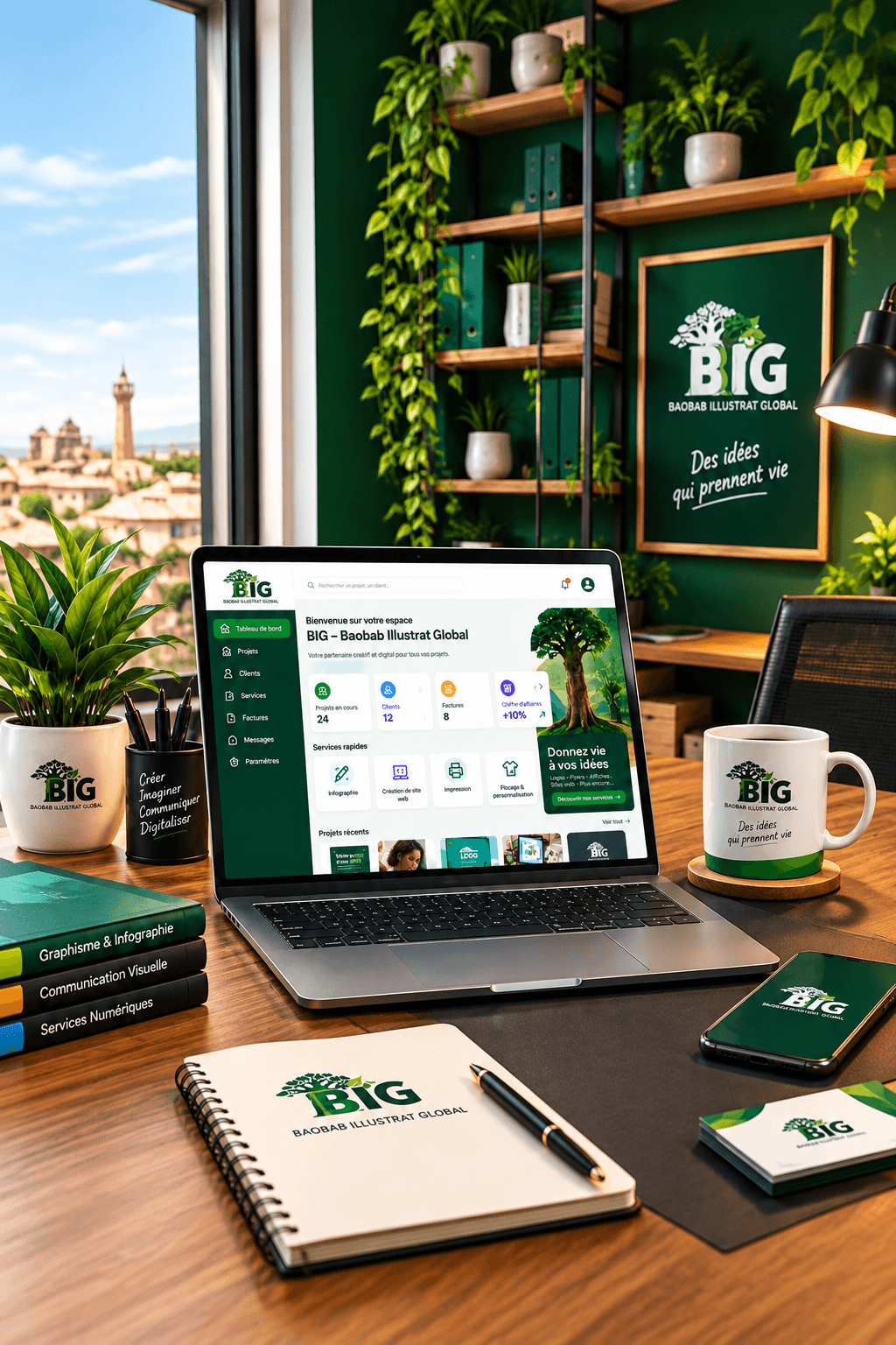 Bureau BIG avec ordinateur portable, mug et carnet à la marque